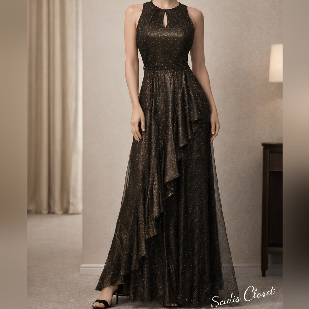 Elegant Black Glitter Halter Evening Dress